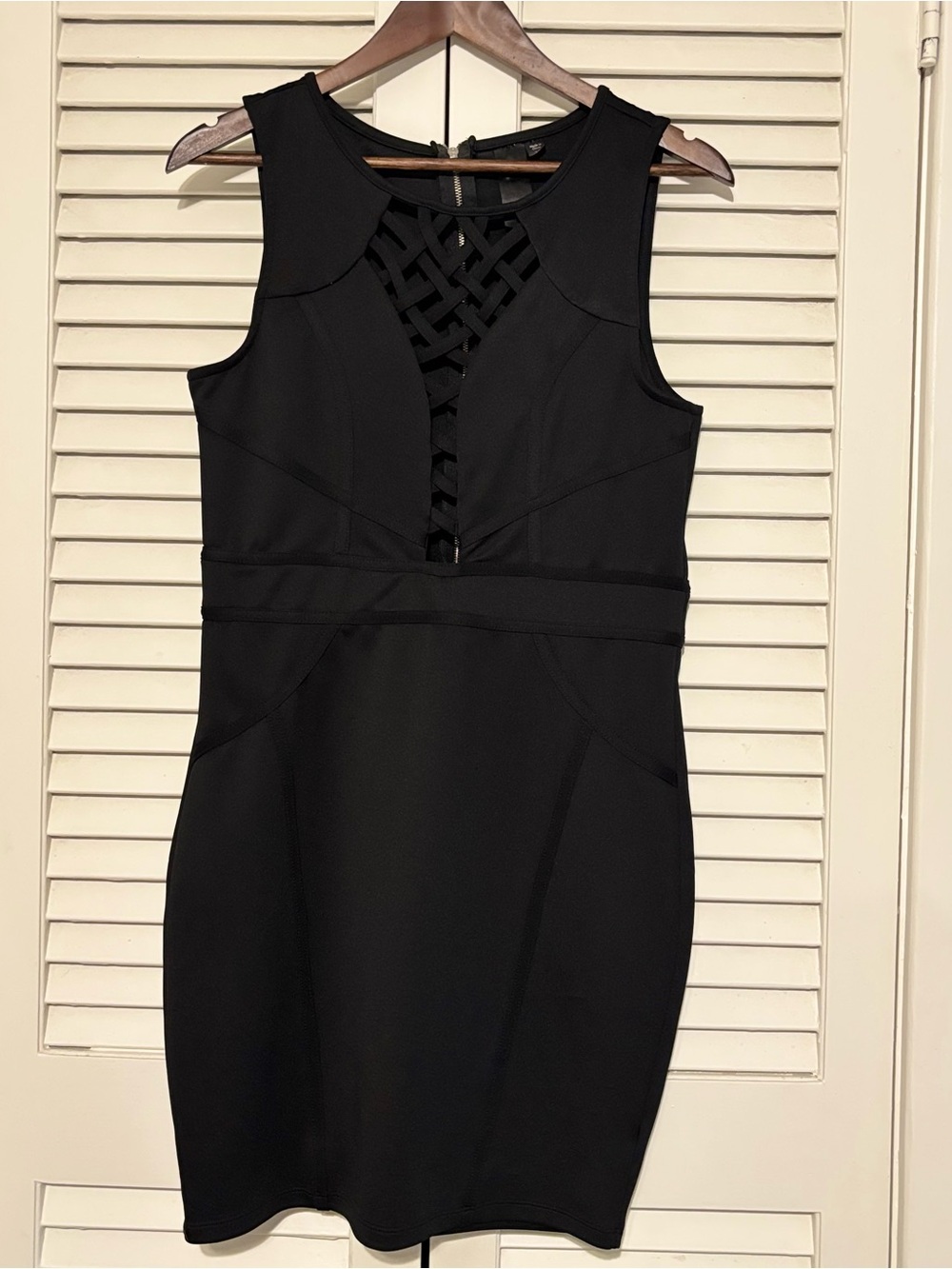 Women's Black Sleeveless Mini Dress with Lattice Front